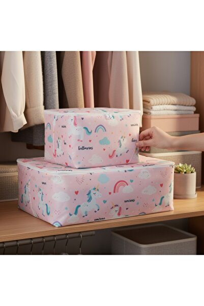 Textile sweet 2'li Unıcorn Desenli Çocuk Odası Hurç Set Kıyafet Kazak Organizer Çocuk Hurç
