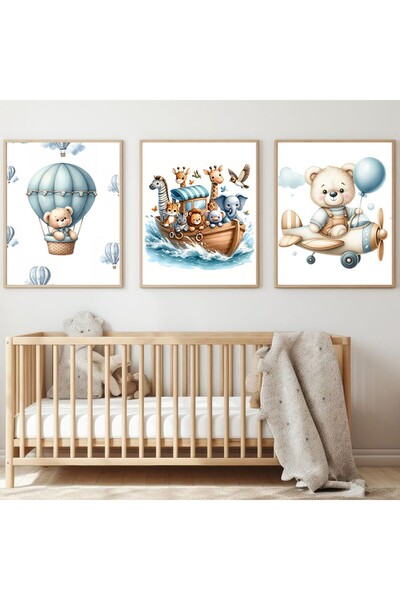 MRK 3'lü Poster Seti ,Çocuk Bebek Odası Poster Tablo,Mavi Çerçevesiz Tablo Poster Seti
