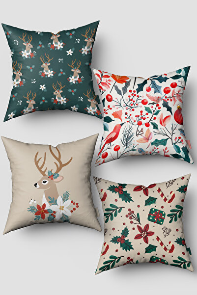 EsnafAli Set de 4 huse de pernă cu tematică de Crăciun, ren verde bej și fructe roșii