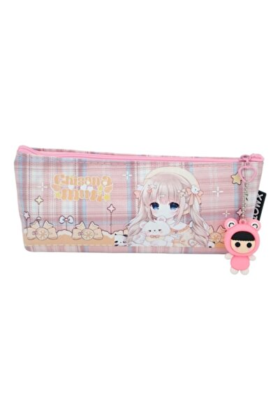OEM Girls' Pencil Case, Checkered Print, Detachable Keychain, H-120 Pink