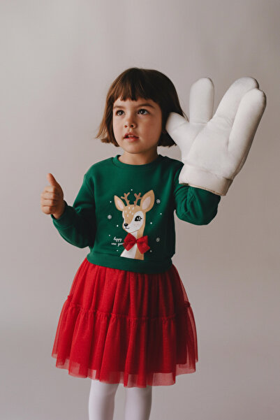 Magu Σετ κοριτσίστικο φούτερ με βαμβακερή επένδυση με σχέδιο πράσινου ελαφιού και κόκκινη φούστα από τούλι - Χριστουγεννιάτικο Σετ
