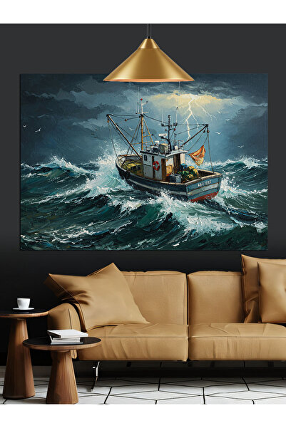 Artmeg Pânză decorativă cu barcă marină în furtună și pescari - Masă din lemn...