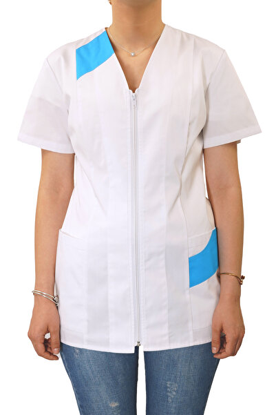 AVD SAFETY Bluza medicală,Halat medical damă,Tunica medicala albă cu detaliu bleu