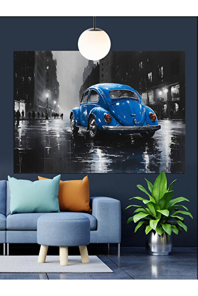 Artmeg Διακοσμητικός καμβάς Blue Classic Car Rain Street - Ξύλινος πίνακας MDF