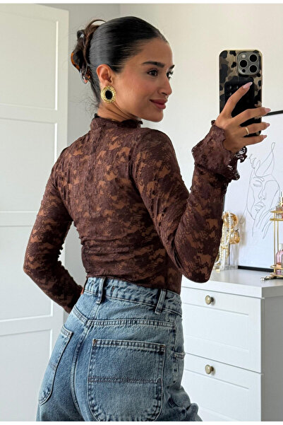 Bak'ap Premium Trend Uzun Kollu Transparan Dantelli Kolları Fırfırlı Bluz