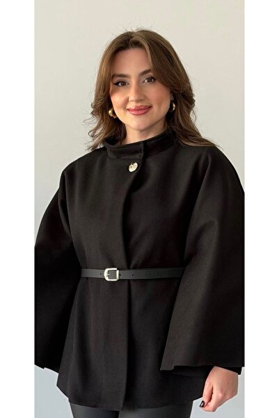 Melff Women's Silver Button Detailed Belted Cape Poncho