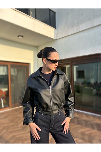 COJIKO Jachetă bomber din piele pentru femei cu talie elastică