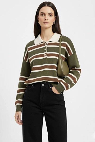 EMMAS CLOTHİNG Striped Buttoned Polo Neck Women's Knitwear Sweater