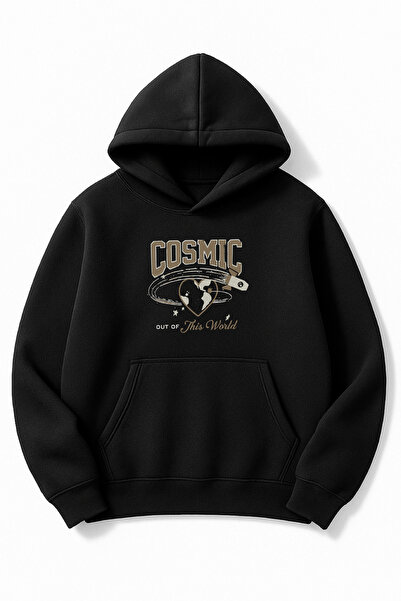 Altair Tr سويت شيرت أسود قصة فضفاضة للجنسين كوزميك مطبوع بغطاء رأس