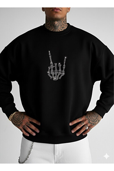 LORVEX Оверсайз унисекс суитшърт, черен, с обло деколте, с диамантен отпечатъ...
