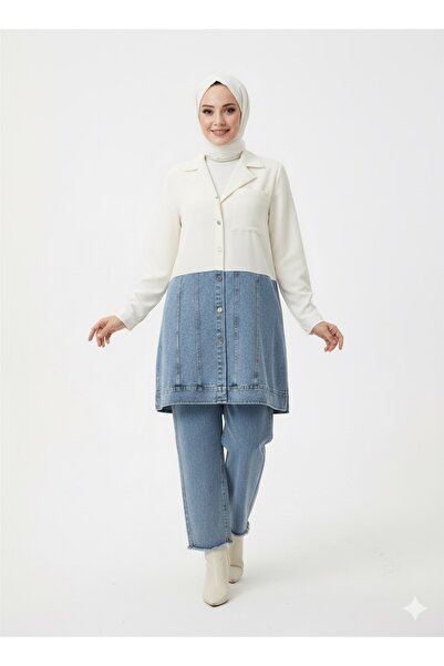 Kırmızı iz Kot (Denim) ve Kumaş Detaylı İkili Takım | Klasik Yaka Uzun Ceket ve Pantolon | Tesettür Giyim