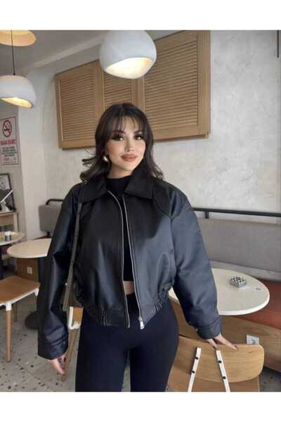 Modestia معطف نسائي قصير من الجلد بسحاب أسود