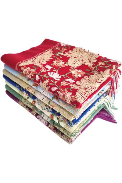 FGHGF TQVLNMCR Embroidered Imitation Cashmere Women's Tassel Thickened Warm Scarf (D)