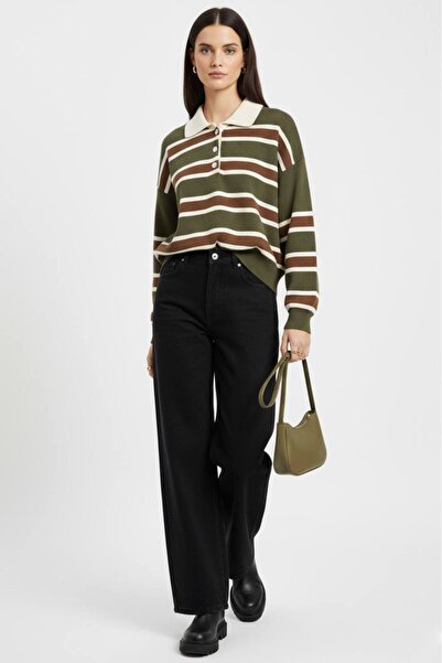 EMMAS CLOTHİNG Striped Buttoned Polo Neck Women's Knitwear Sweater