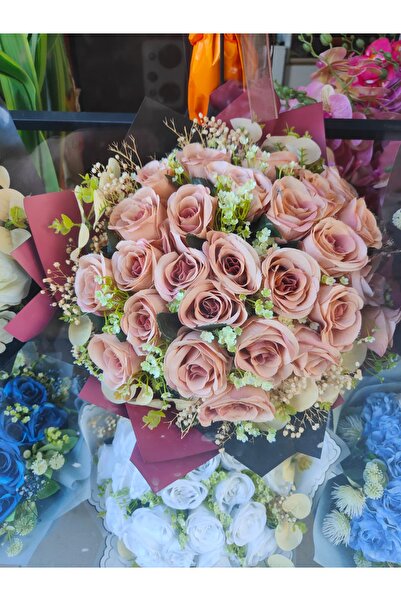 ilksem çiçekçilik Bordo Ambalajlı Pudra/Somon Rengi Yapay/Sabun Gül Buketi - ...