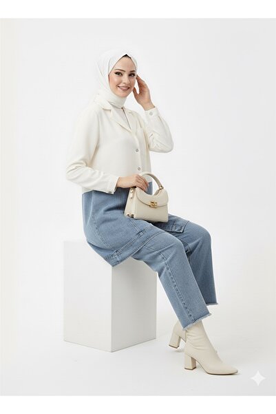 Kırmızı iz Kot (Denim) ve Kumaş Detaylı İkili Takım | Klasik Yaka Uzun Ceket ve Pantolon | Tesettür Giyim