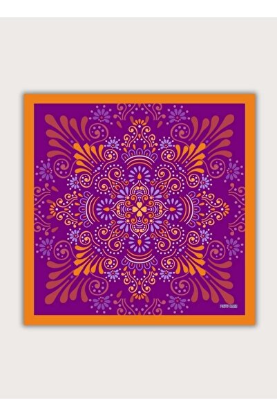 POZİTİF MRK Flower Mandala Patterned Orange Twill Satin Scarf 70Cmx70Cm