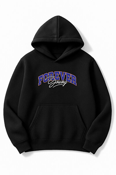 Altair Tr سويت شيرت أسود قصة فضفاضة للجنسين من فوريفر يونغ مطبوع بغطاء رأس