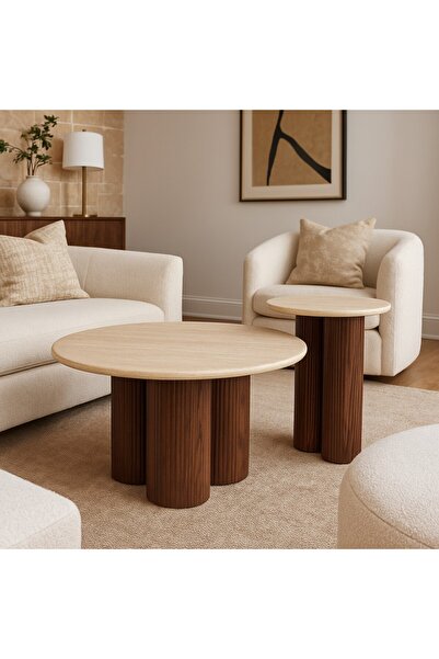 Vi Markets Elegant table set with a light top and a wooden cylindrical base in a modern design.