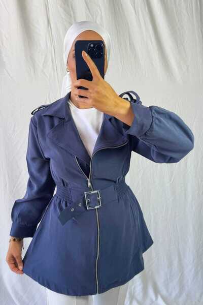 Asya Karen Drawstring Waist Zippered Front Belted Trench Coat