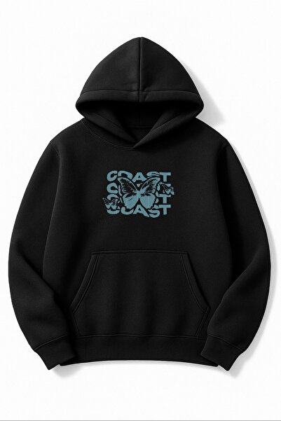 Altair Tr سويت شيرت أسود قصة فضفاضة للجنسين كوست كيليبيت فراشة مطبوع بغطاء رأس