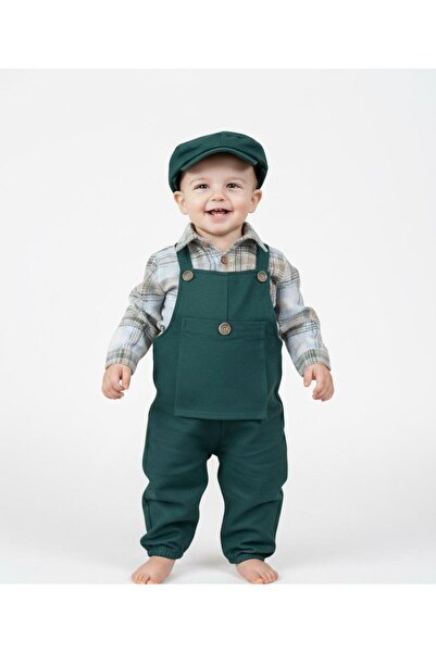 P&H BABYWEAR Kanguru Cepli Kanvas Salopet ve Oduncu Gömlekli Erkek Bebek Takımı