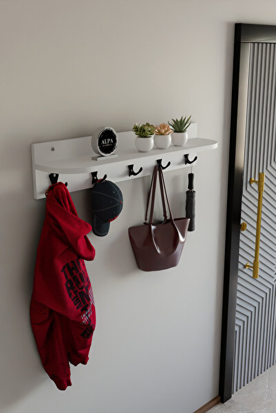 alpaevmobilya Raflı 5 Askılı Portmanto Duvar Askılığı, Elbise Askılığı, Modern Tasarım Organizer Askılık