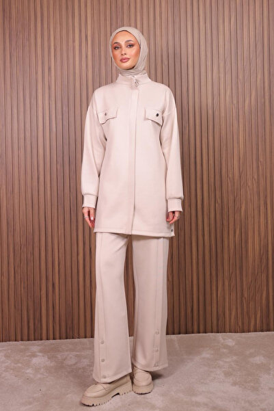 Mogi Butik Women's Scuba Pants Button Detailed Oversized Hijab Suit 3110