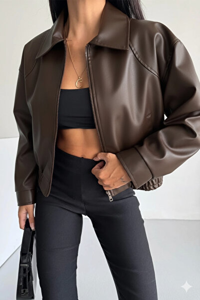 COJIKO Дамско бомбър яке с еластична талия от кожа