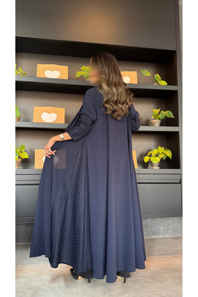 TREADY Navy crepe abaya with navy blue ruffle inserts