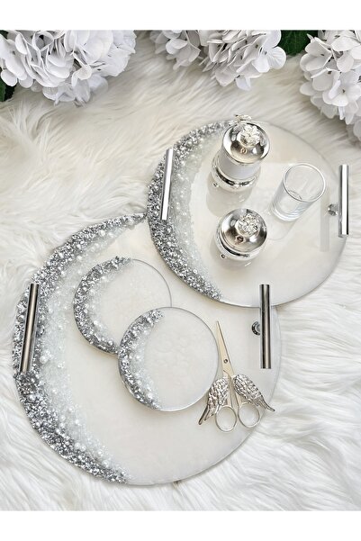 RESİNARTSHOP Epoksi Nişan tepsi seti taş+inci gümüş 30cm
