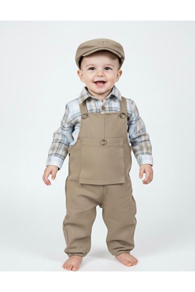P&H BABYWEAR Kanguru Cepli Kanvas Salopet ve Oduncu Gömlekli Erkek Bebek Takımı
