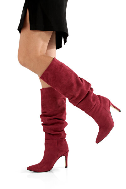 PAYZİN '' ESRA '' Claret Red piele întoarsă Cizme cu vârf ascuțit, toc subțir...