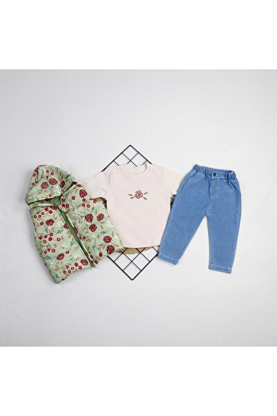 bebegci 2'İp Y Vest Set 3-Piece Baby Girl Set with Floral Detailed Sweatshirt