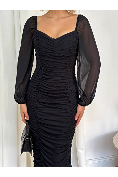 Misscix Kadın Abiye Uzun Transparan Tül Kol Drapeli Midi Bodycon Drapeli Elbise - Abiye & Mezuniyet Elbisesi