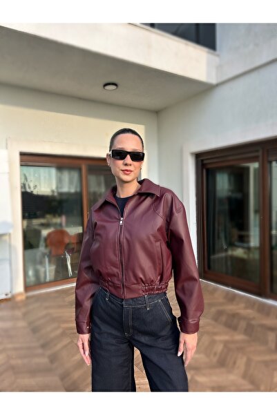 COJIKO Women's Bomber Leather Jacket with Elastic Waist
