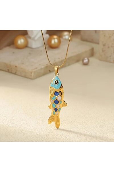 Alaçatı Mavi Yeni Yıl Şans Balığı Paslanmaz Çelik Kolye