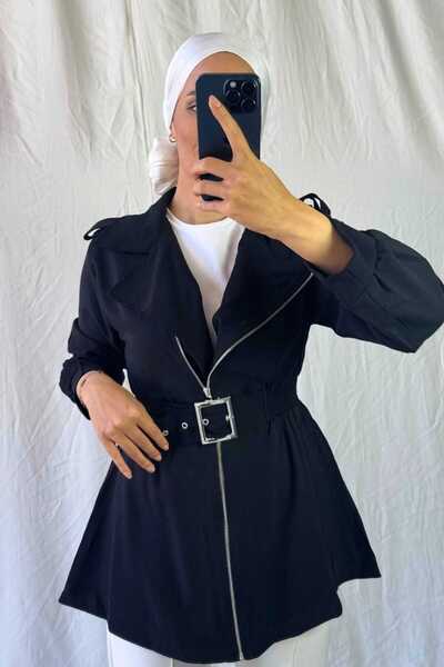 Asya Karen Drawstring Waist Zippered Front Belted Trench Coat