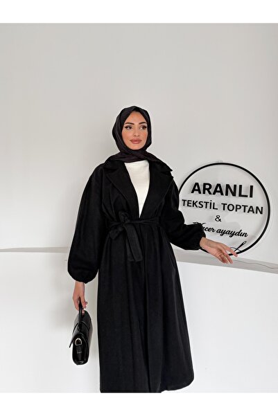 Aranlı tekstil Belted Balloon Sleeve Basic Hijab Coat / Medium Length Women's Hijab Coat