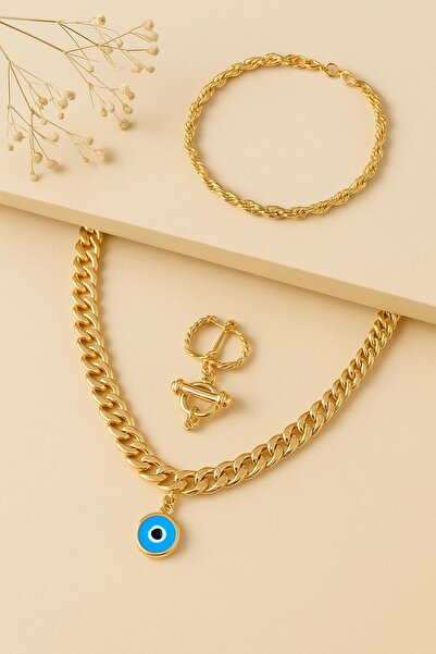 YA ESLİNE Altın Renk nazar boncuklu Takı Seti