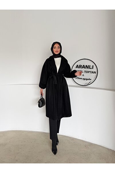 Aranlı tekstil Belted Balloon Sleeve Basic Hijab Coat / Medium Length Women's Hijab Coat