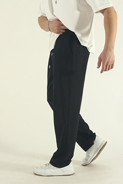 EydaMoon Ανδρικό πλεκτό ύφασμα μαύρο φαρδύ κομμένο παντελόνι με φαρδιά πόδια