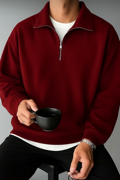 BYMEER Burgundy Mock Neck Zippered Sweatshirt