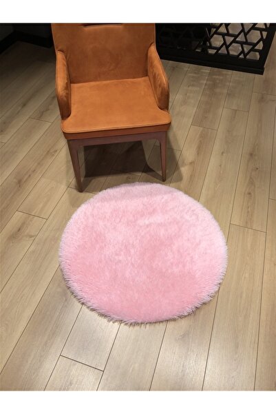 Halımax Tavşan Tüyü Kaymaz Tabanlı Pembe Yuvarlak Dekoratif Post Peluş Halı Yatak Odası Koridor Halısı