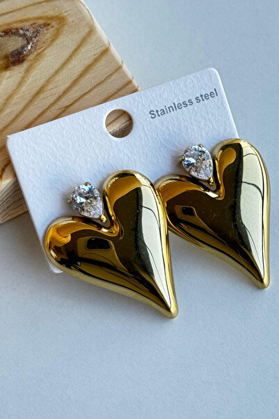 Leo'Stone Premium Seri Amora Shine Bombeli Kalp Tasarım Damla Zirkon Taş Detaylı Kadın Çelik Küpe