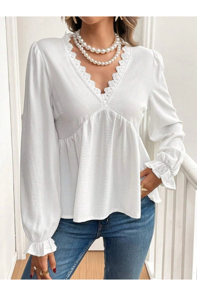 Butik Women's Long Sleeve V Lace Neck Aerobin Blouse