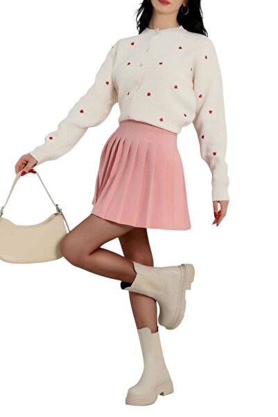 ysrozrgyim Knitwear Heart Detailed Cardigan Latte Red