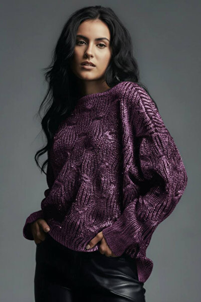 oshebu Kadın Kayık Yaka Varaklı Oversıze Triko Kazak