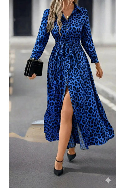 Moda Loris Women's Long Sleeve Collared Waist Belted Leopard Print Modal Long...