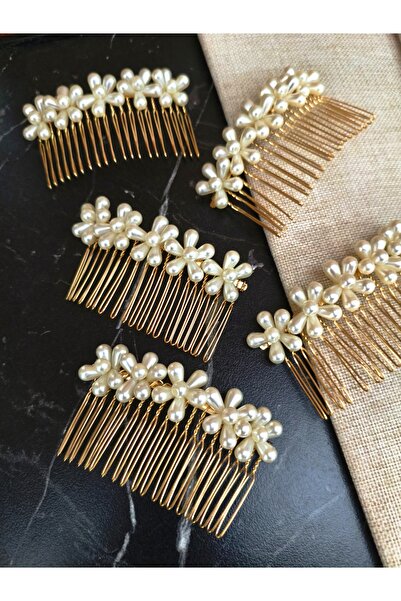 GÜLPEŞE White Pearl Flower Gold Metal Comb Hair Clip 2 Pack